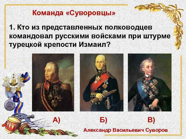 Команда «Суворовцы» 1. Кто из представленных полководцев командовал русскими войсками при штурме турецкой крепости