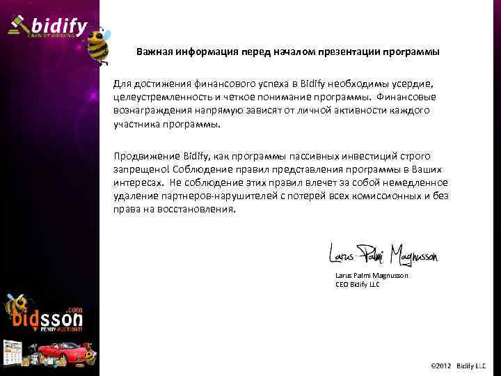 Важная информация перед началом презентации программы Для достижения финансового успеха в Bidify необходимы усердие,
