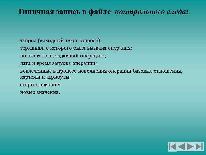 Типичная запись в файле контрольного следа: запрос (исходный текст запроса); терминал, с которого была