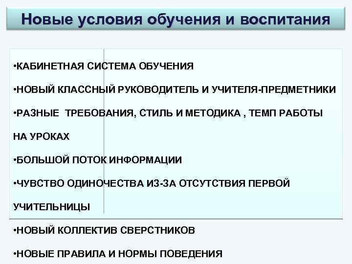Новые условия обучения и воспитания • КАБИНЕТНАЯ СИСТЕМА ОБУЧЕНИЯ • НОВЫЙ КЛАССНЫЙ РУКОВОДИТЕЛЬ И