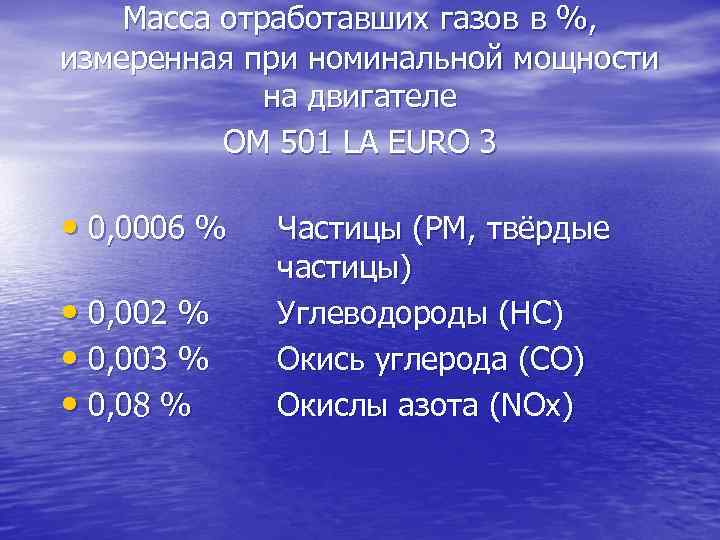 Масса отработавших газов в %, измеренная при номинальной мощности на двигателе OM 501 LA