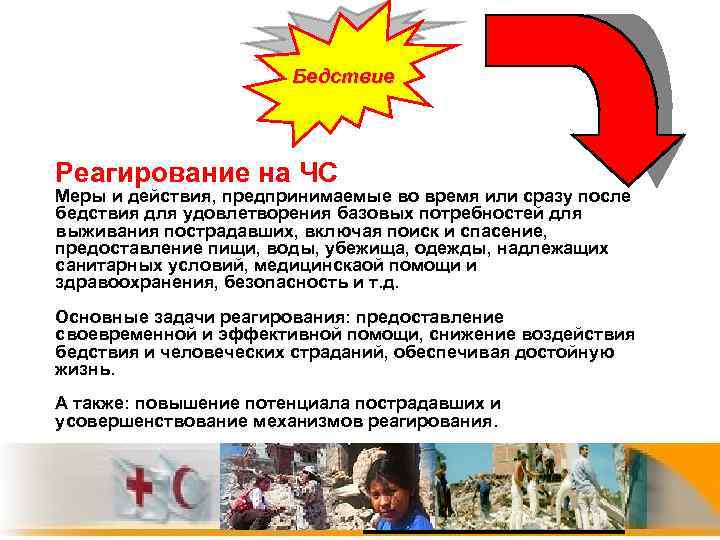 Бедствие Реагирование на ЧС Меры и действия, предпринимаемые во время или сразу после бедствия