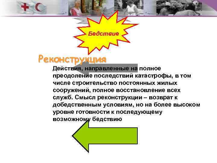 Бедствие Реконструкция Действия, направленные на полное преодоление последствий катастрофы, в том числе строительство постоянных