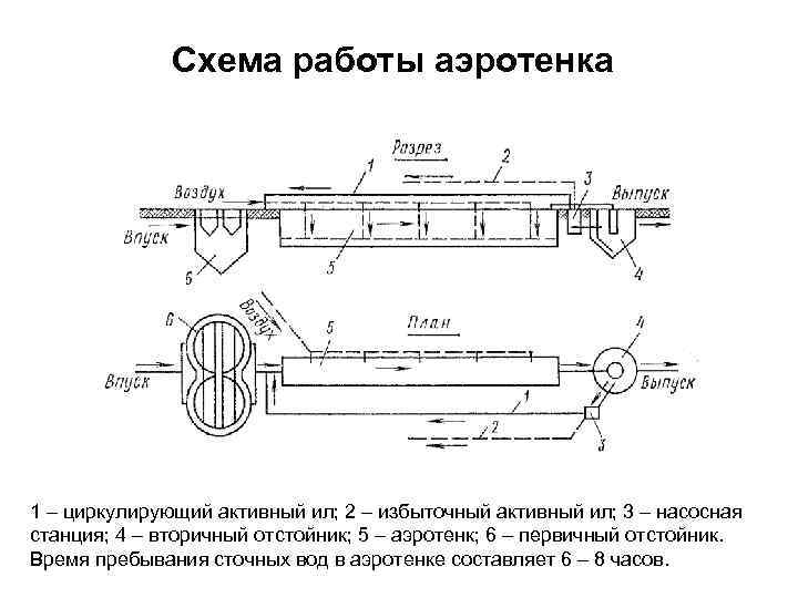 Схема работы аэротенка 1 – циркулирующий активный ил; 2 – избыточный активный ил; 3