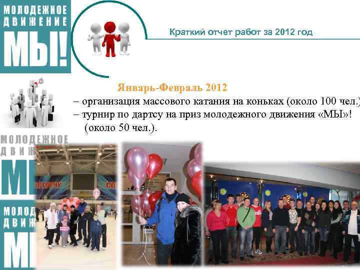 Краткий отчет работ за 2012 год Январь-Февраль 2012 – организация массового катания на коньках