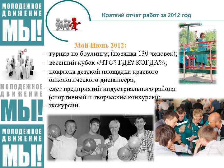 Краткий отчет работ за 2012 год Май-Июнь 2012: – турнир по боулингу; (порядка 130