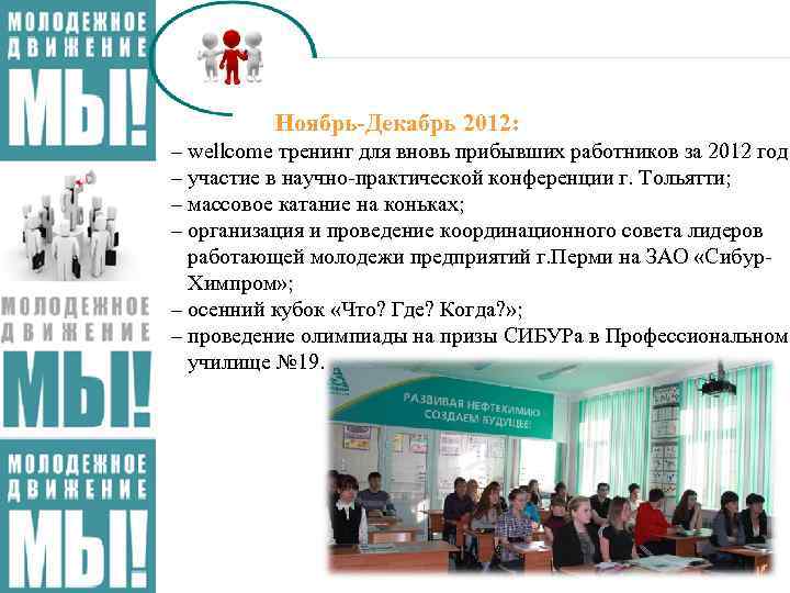 Ноябрь-Декабрь 2012: – wellcome тренинг для вновь прибывших работников за 2012 год; – участие