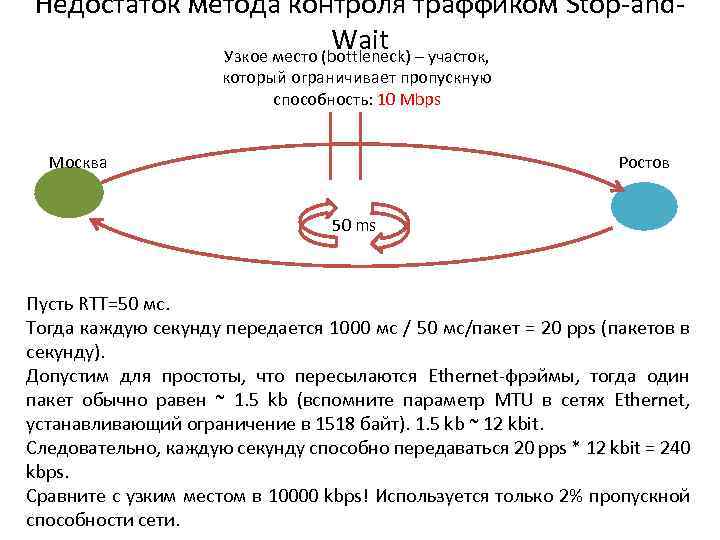 Недостаток метода контроля траффиком Stop-and. Wait Узкое место (bottleneck) – участок, который ограничивает пропускную