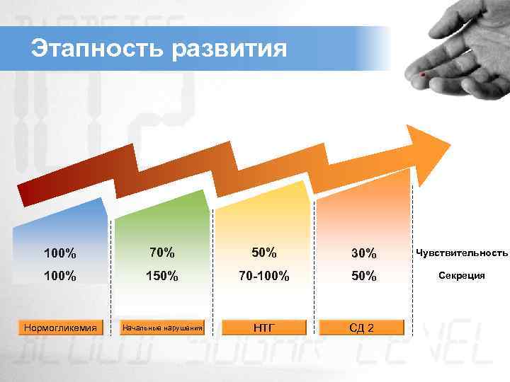 Этапность развития 100% 70% 50% 30% Чувствительность 100% 150% 70 -100% 50% Секреция Нормогликемия