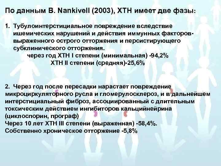 По данным B. Nankivell (2003), ХТН имеет две фазы: 1. Тубулоинтерстициальное повреждение вследствие ишемических