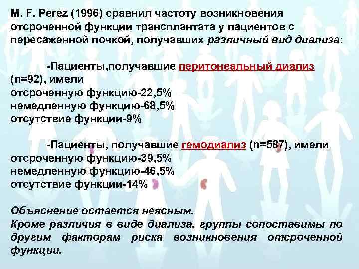 M. F. Perez (1996) сравнил частоту возникновения отсроченной функции трансплантата у пациентов с пересаженной