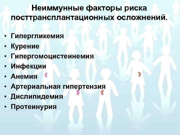 Неиммунные факторы риска посттрансплантационных осложнений. • • Гипергликемия Курение Гипергомоцистеинемия Инфекции Анемия Артериальная гипертензия