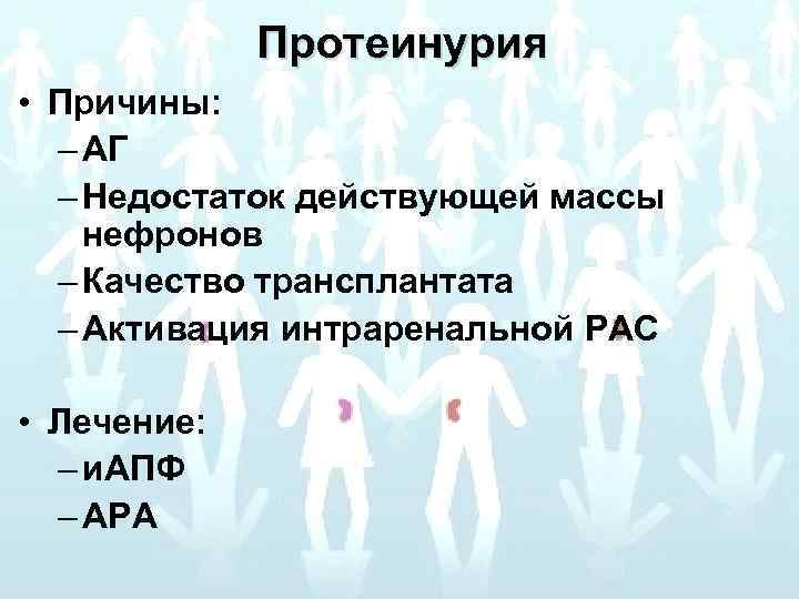 Протеинурия • Причины: – АГ – Недостаток действующей массы нефронов – Качество трансплантата –