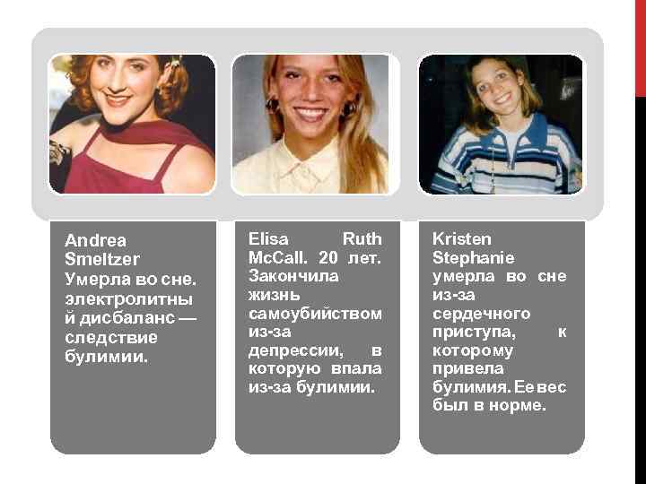 Andrea Smeltzer Умерла во сне. электролитны й дисбаланс — следствие булимии. Elisa Ruth Mc.