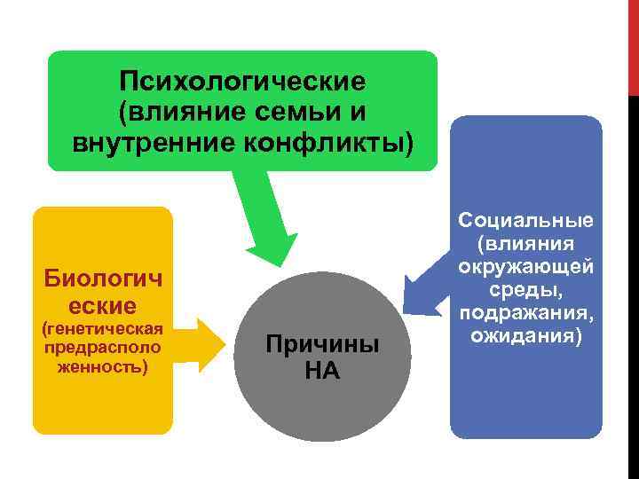 Психологические (влияние семьи и внутренние конфликты) Биологич еские (генетическая предрасполо женность) Причины НА Социальные