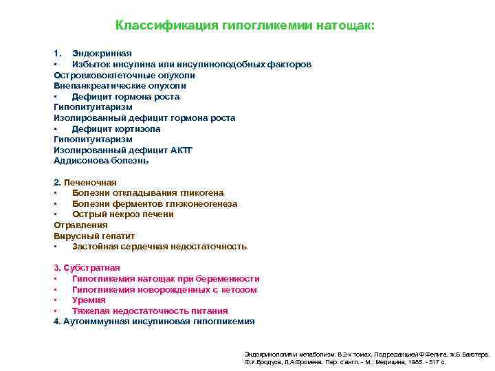 Классификация гипогликемии натощак: 1. Эндокринная • Избыток инсулина или инсулиноподобных факторов Островковоклеточные опухоли Внепанкреатические