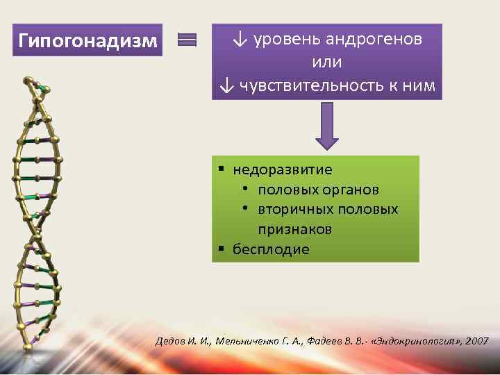 Гипогонадизм ↓ уровень андрогенов или ↓ чувствительность к ним § недоразвитие • половых органов