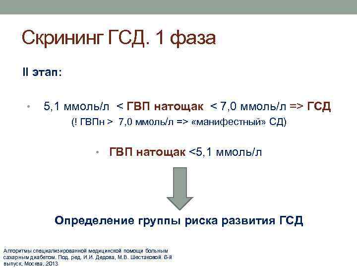 Скрининг ГСД. 1 фаза II этап: • 5, 1 ммоль/л < ГВП натощак <