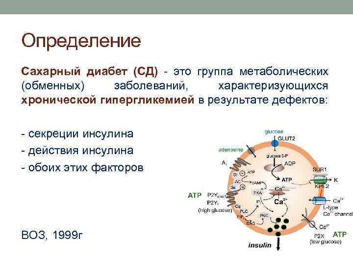 Определение Сахарный диабет (СД) - это группа метаболических (обменных) заболеваний, характеризующихся хронической гипергликемией в