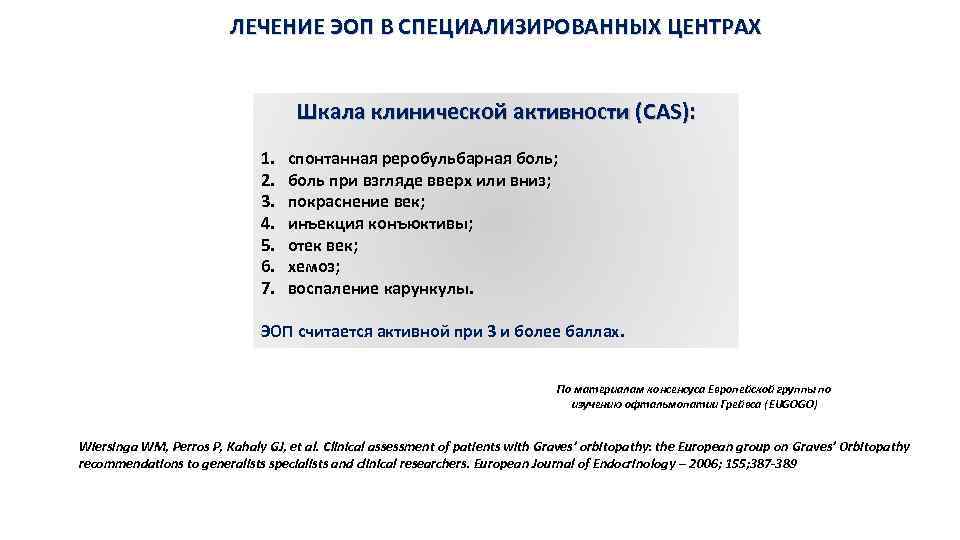 ЛЕЧЕНИЕ ЭОП В СПЕЦИАЛИЗИРОВАННЫХ ЦЕНТРАХ Шкала клинической активности (CAS): 1. 2. 3. 4. 5.