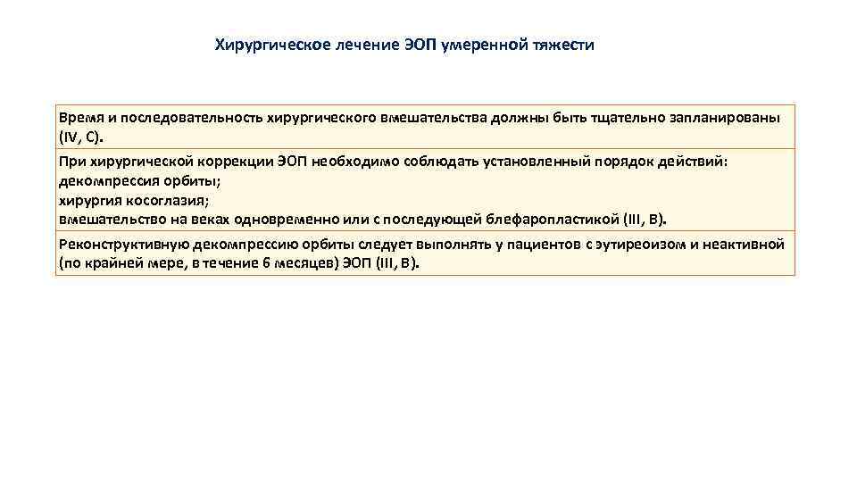 Хирургическое лечение ЭОП умеренной тяжести Время и последовательность хирургического вмешательства должны быть тщательно запланированы