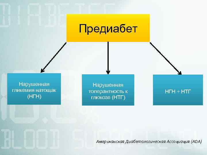Предиабет Нарушенная гликемия натощак (НГН) Нарушенная толерантность к глюкозе (НТГ) НГН + НТГ Американская