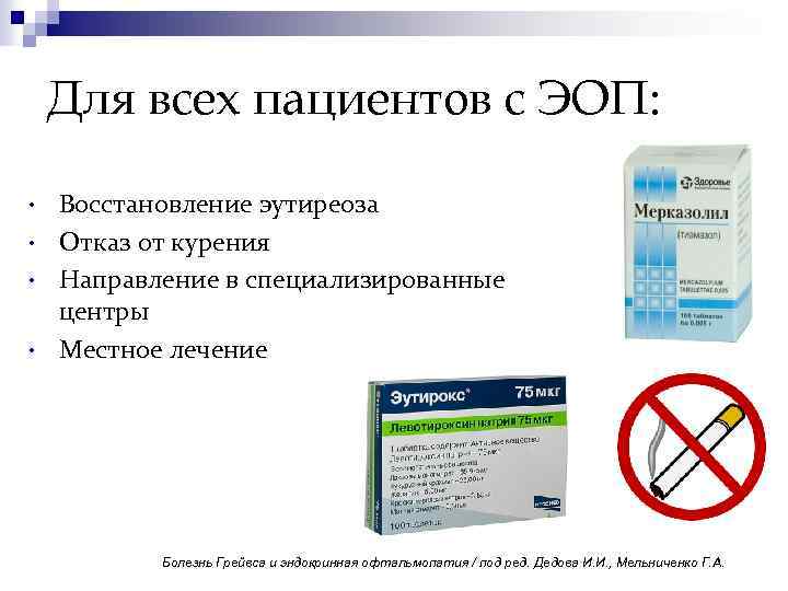 Для всех пациентов с ЭОП: • • Восстановление эутиреоза Отказ от курения Направление в