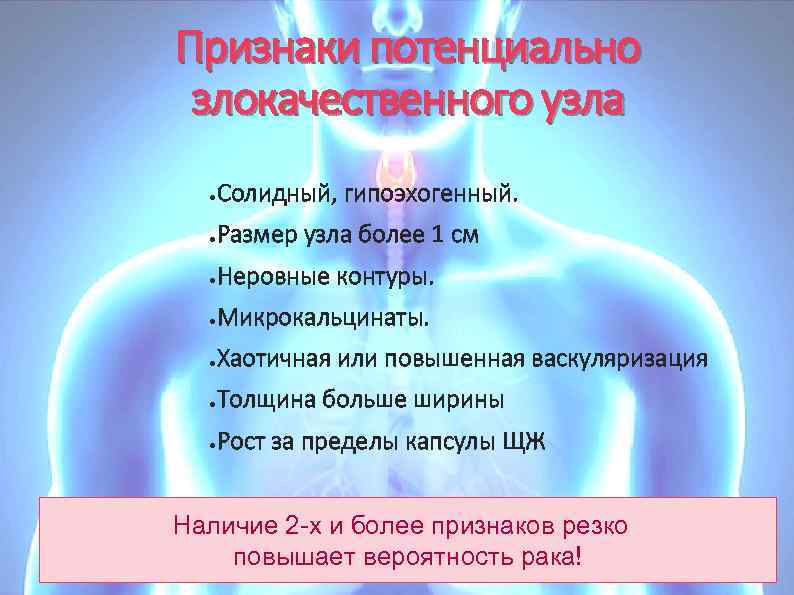 Признаки потенциально злокачественного узла ● Солидный, гипоэхогенный. ● Размер узла более 1 см ●