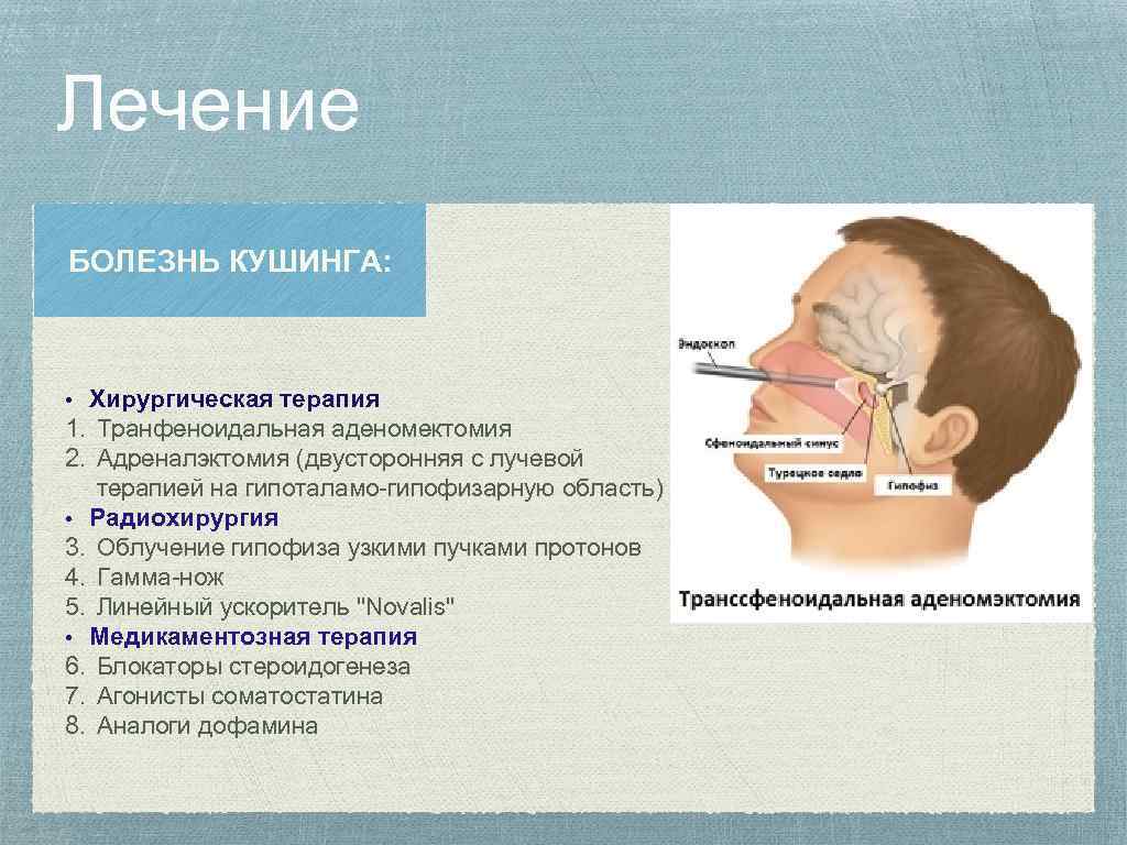 Лечение БОЛЕЗНЬ КУШИНГА: Хирургическая терапия 1. Транфеноидальная аденомектомия 2. Адреналэктомия (двусторонняя с лучевой терапией