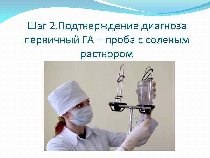 Шаг 2. Подтверждение диагноза первичный ГА – проба с солевым раствором 