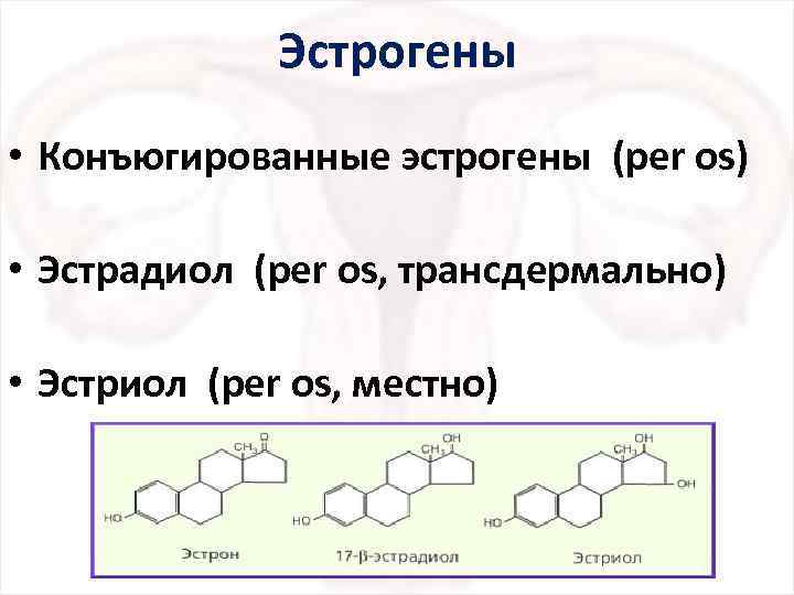 Эстрогены • Конъюгированные эстрогены (per os) • Эстрадиол (per os, трансдермально) • Эстриол (per