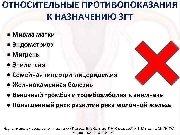 ОТНОСИТЕЛЬНЫЕ ПРОТИВОПОКАЗАНИЯ К НАЗНАЧЕНИЮ ЗГТ ● Миома матки ● Эндометриоз ● Мигрень ● Эпилепсия