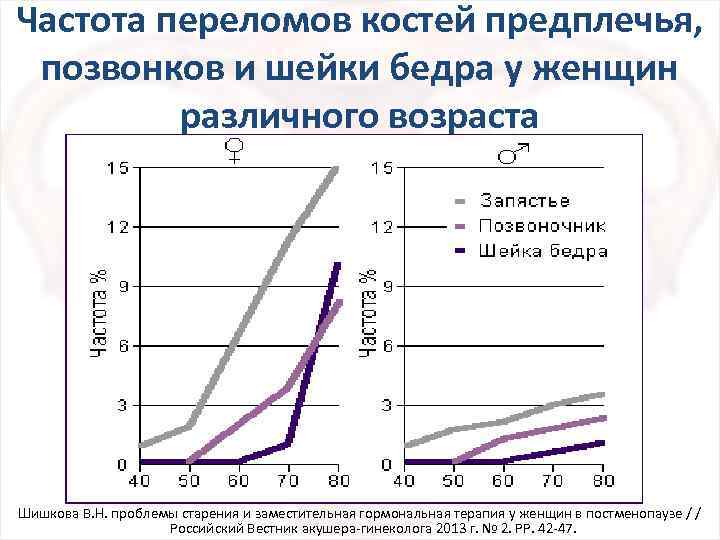 Частота переломов костей предплечья, позвонков и шейки бедра у женщин различного возраста Шишкова В.