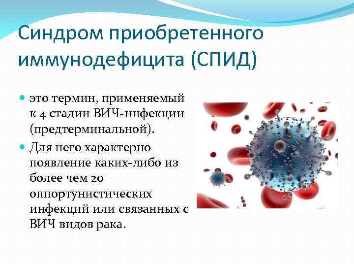 Синдром приобретенного иммунодефицита (СПИД) это термин, применяемый к 4 стадии ВИЧ-инфекции (предтерминальной). Для него