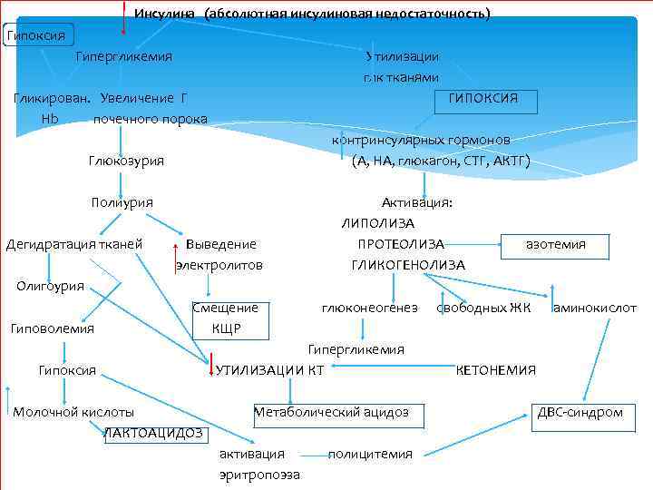 Инсулина (абсолютная инсулиновая недостаточность) Гипоксия Гипергликемия Утилизации глк тканями Гликирован. Увеличение Г Hb почечного