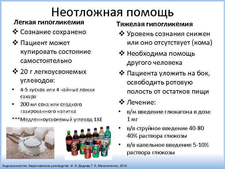 Неотложная помощь Легкая гипогликемия v Сознание сохранено v Пациент может купировать состояние самостоятельно v