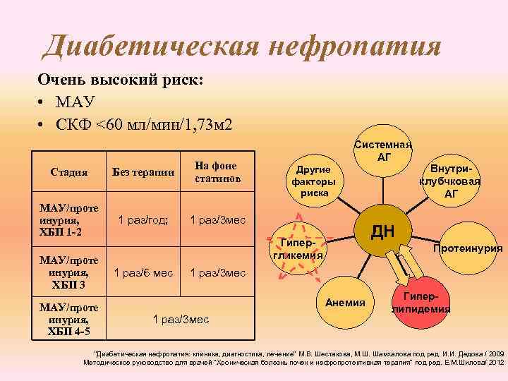 Диабетическая нефропатия Очень высокий риск: • МАУ • СКФ <60 мл/мин/1, 73 м 2