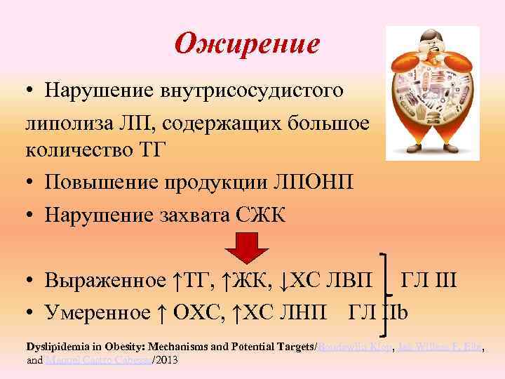 Ожирение • Нарушение внутрисосудистого липолиза ЛП, содержащих большое количество ТГ • Повышение продукции ЛПОНП