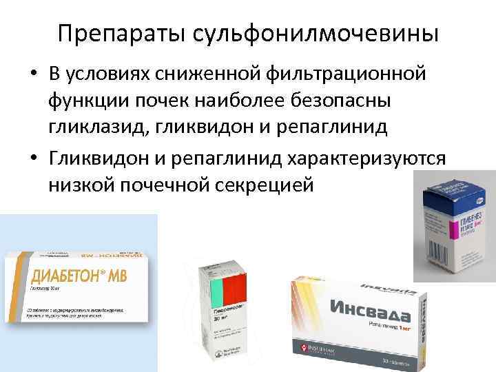 Препараты сульфонилмочевины • В условиях сниженной фильтрационной функции почек наиболее безопасны гликлазид, гликвидон и