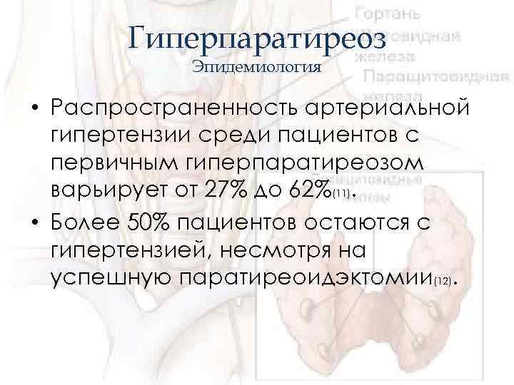 Гиперпаратиреоз Эпидемиология • Распространенность артериальной гипертензии среди пациентов с первичным гиперпаратиреозом варьирует от 27%