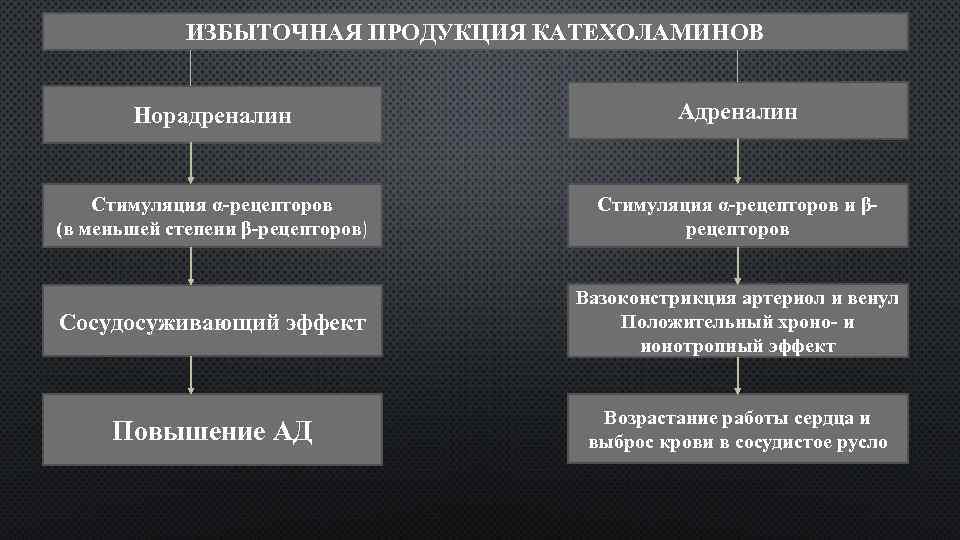 ИЗБЫТОЧНАЯ ПРОДУКЦИЯ КАТЕХОЛАМИНОВ Норадреналин Адреналин Стимуляция α-рецепторов (в меньшей степени β-рецепторов) Стимуляция α-рецепторов и