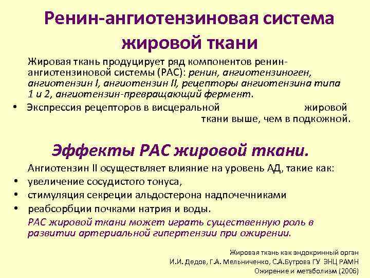 Ренин-ангиотензиновая система жировой ткани Жировая ткань продуцирует ряд компонентов ренинангиотензиновой системы (РАС): ренин, ангиотензиноген,