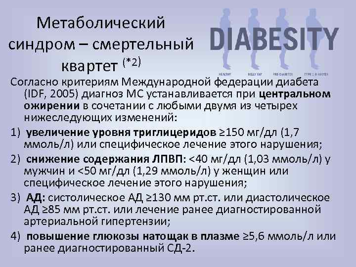 Метаболический синдром – смертельный квартет (*2) Согласно критериям Международной федерации диабета (IDF, 2005) диагноз