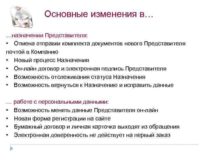 Основные изменения в… …назначении Представителя: • Отмена отправки комплекта документов нового Представителя почтой в