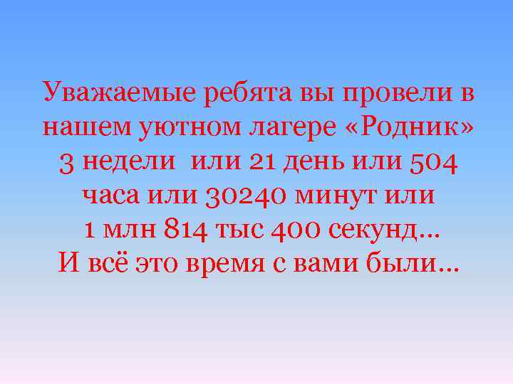 Уважаемые ребята вы провели в нашем уютном лагере «Родник» 3 недели или 21 день