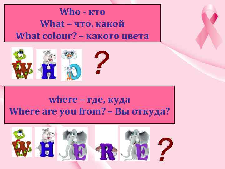 Who - кто What – что, какой What colour? – какого цвета where –