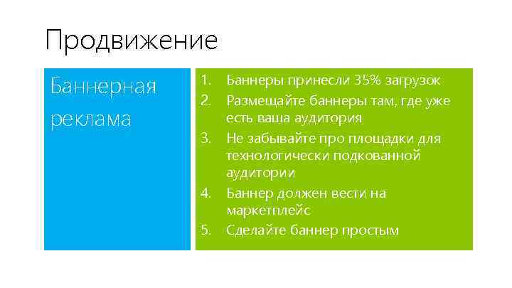 Продвижение Баннерная реклама 1. 2. 3. 4. 5. Баннеры принесли 35% загрузок Размещайте баннеры