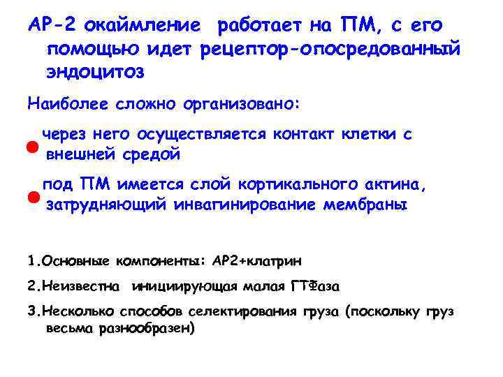AP-2 окаймление работает на ПМ, с его помощью идет рецептор-опосредованный эндоцитоз Наиболее сложно организовано: