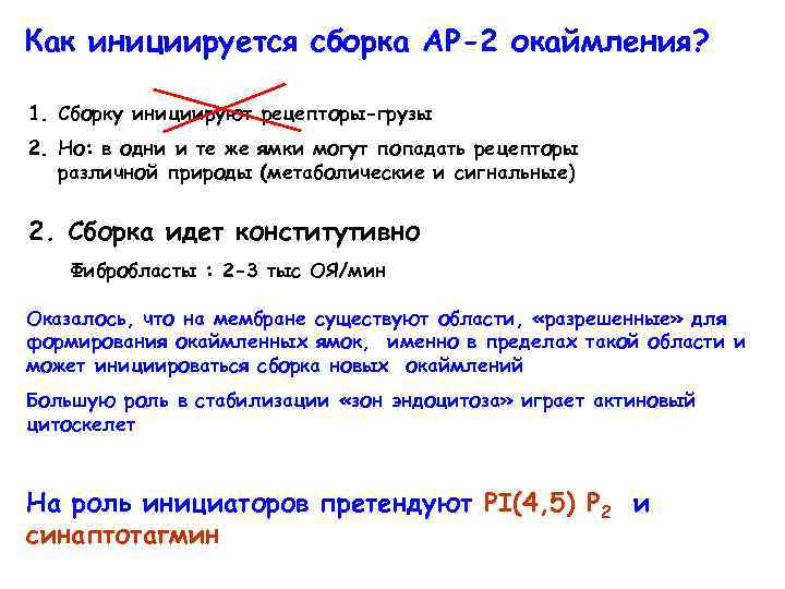 Как инициируется сборка АР-2 окаймления? 1. Сборку инициируют рецепторы-грузы 2. Но: в одни и
