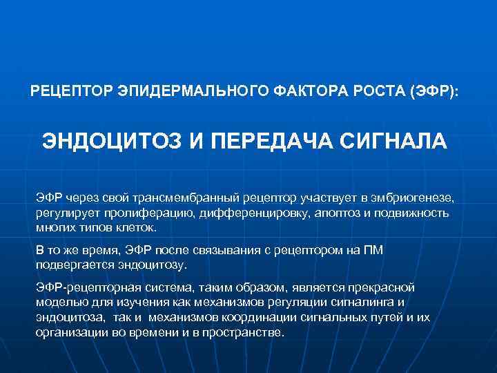 РЕЦЕПТОР ЭПИДЕРМАЛЬНОГО ФАКТОРА РОСТА (ЭФР): ЭНДОЦИТОЗ И ПЕРЕДАЧА СИГНАЛА ЭФР через свой трансмембранный рецептор